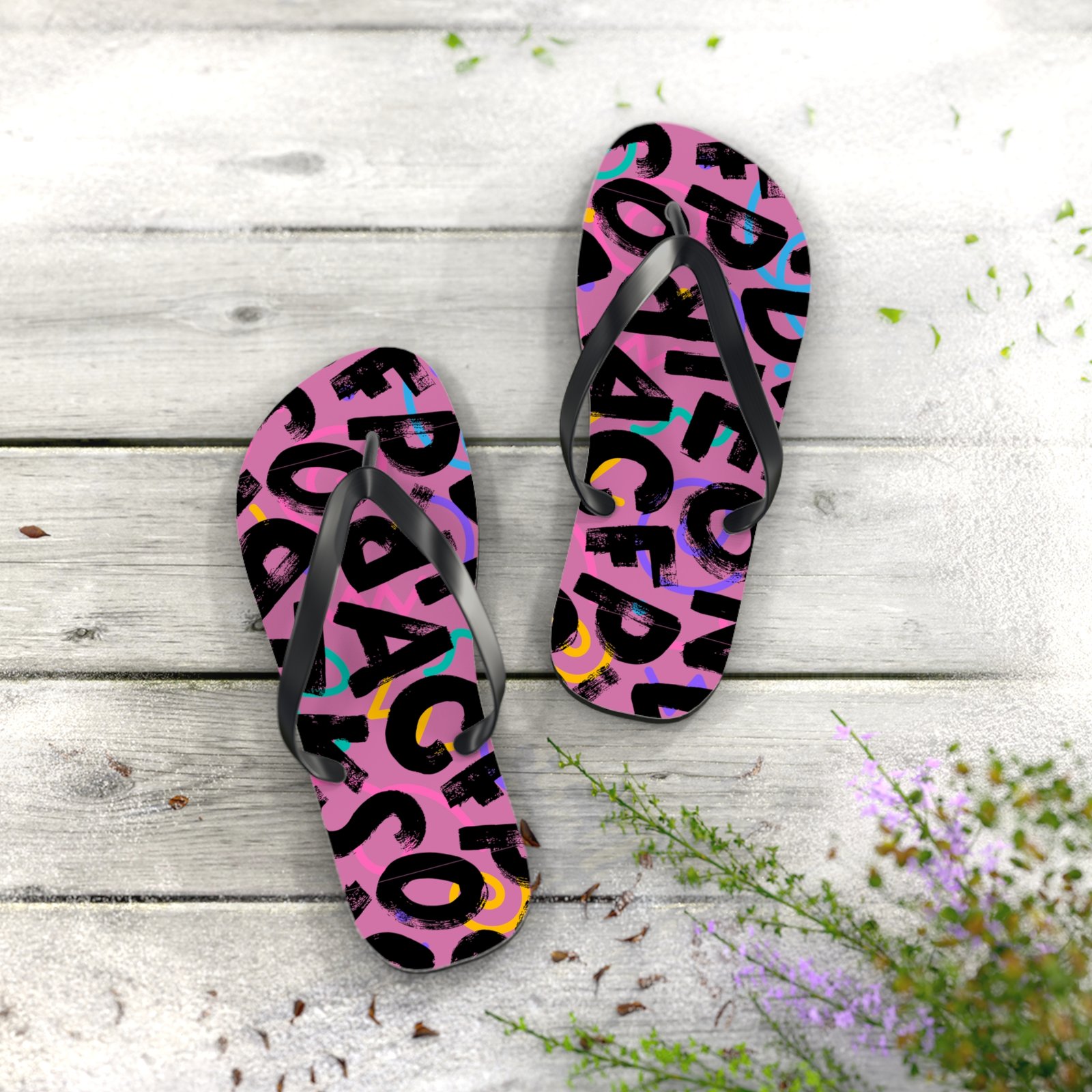 Flip Flops - Pink Retro Graffiti Pattern Beach Sandals - Image 4