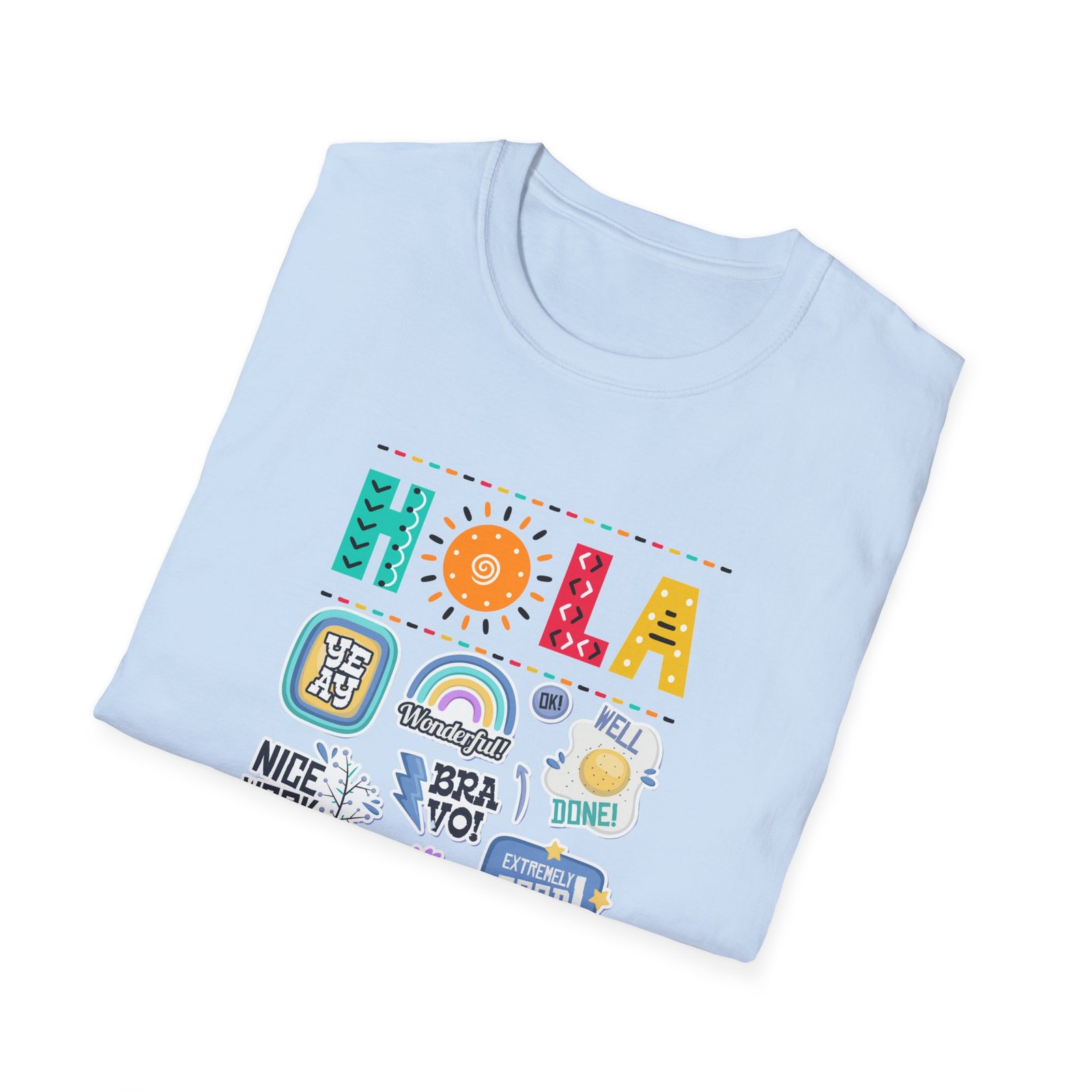 Gildan - Hola Sticker Collage T-Shirt — Colorful Spanish Greeting Tee - Image 4