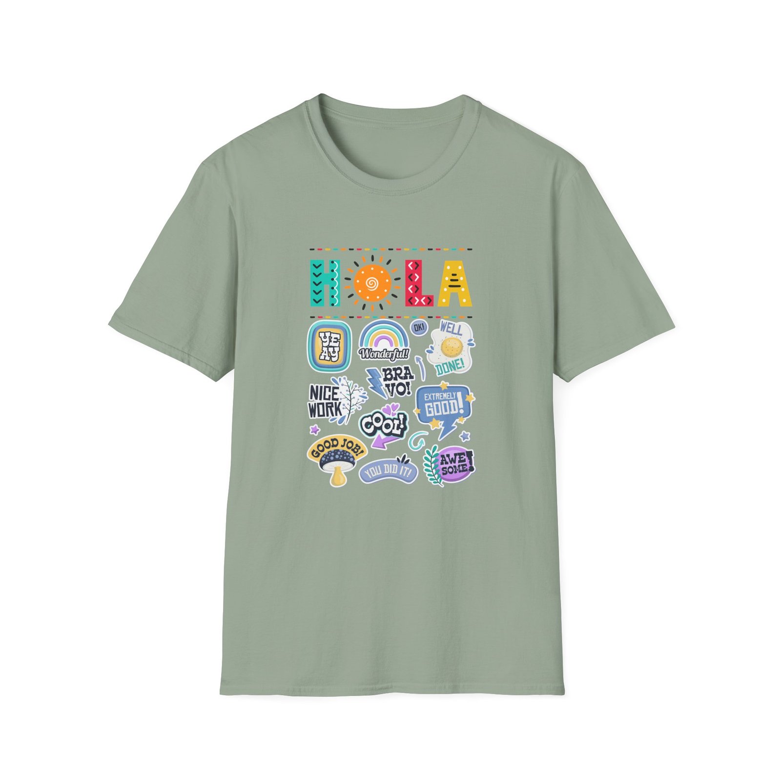 Gildan - Hola Sticker Collage T-Shirt — Colorful Spanish Greeting Tee - Image 5