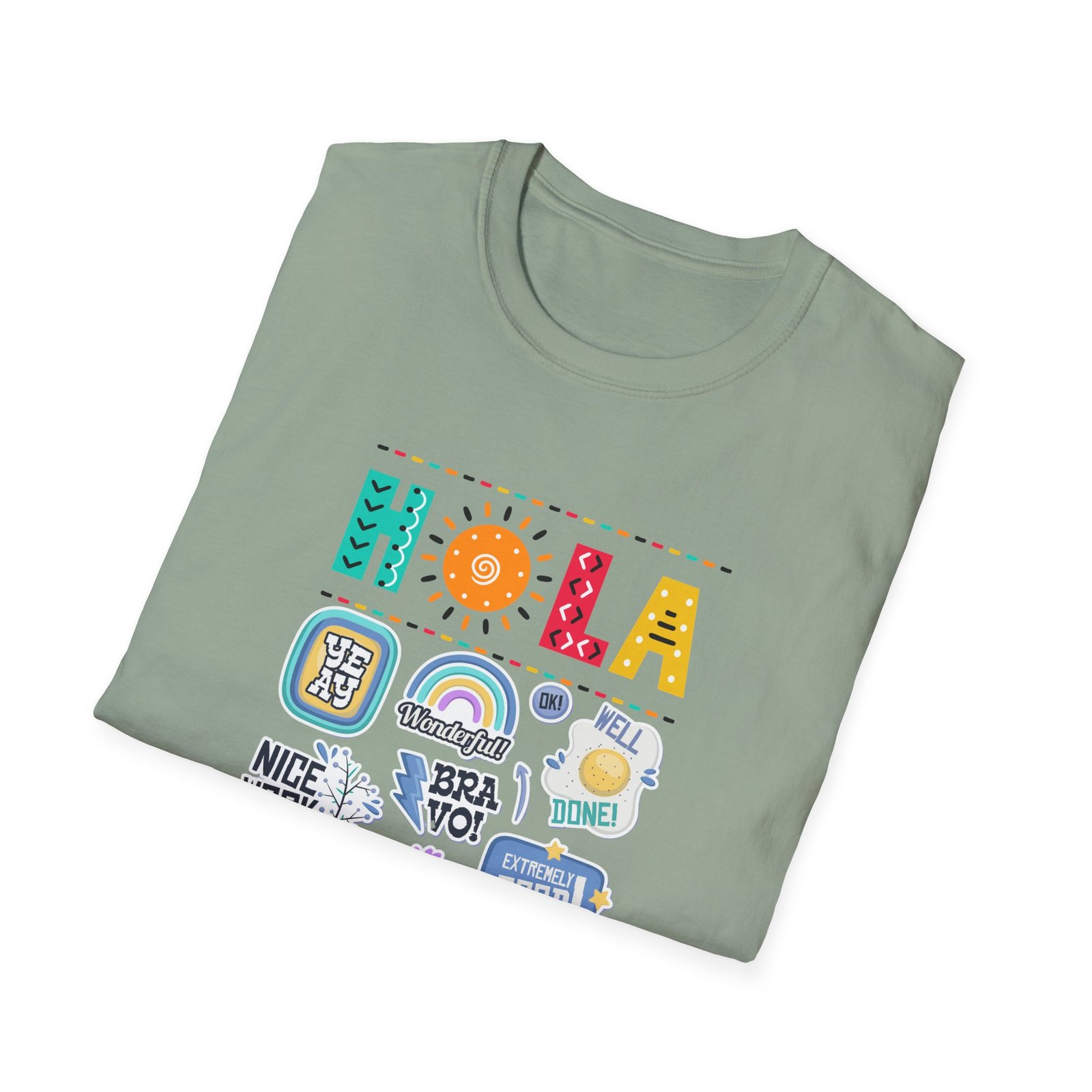 Gildan - Hola Sticker Collage T-Shirt — Colorful Spanish Greeting Tee - Image 8