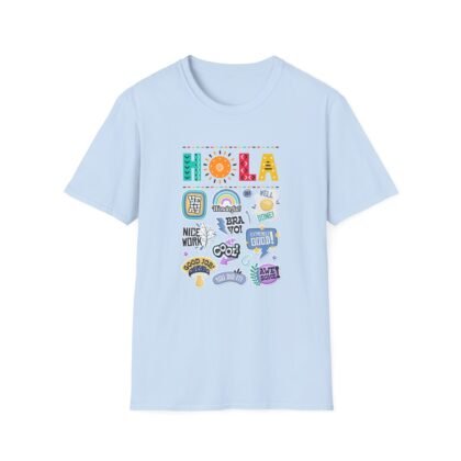 Gildan - Hola Sticker Collage T-Shirt — Colorful Spanish Greeting Tee