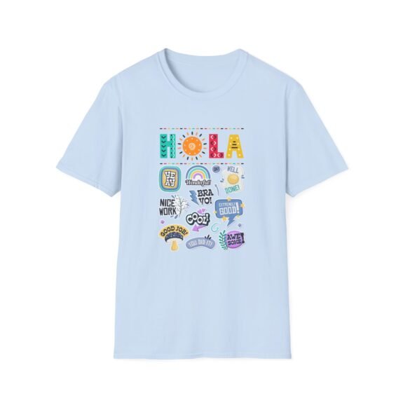 Gildan - Hola Sticker Collage T-Shirt — Colorful Spanish Greeting Tee