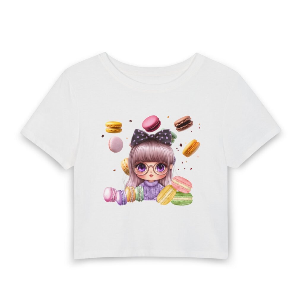 Kawaii Girl with Macarons Women's Baby Tee — Dessert Graphic Crop Top