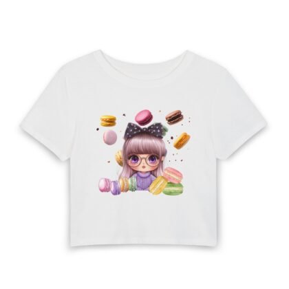 Kawaii Girl with Macarons Women's Baby Tee — Dessert Graphic Crop Top