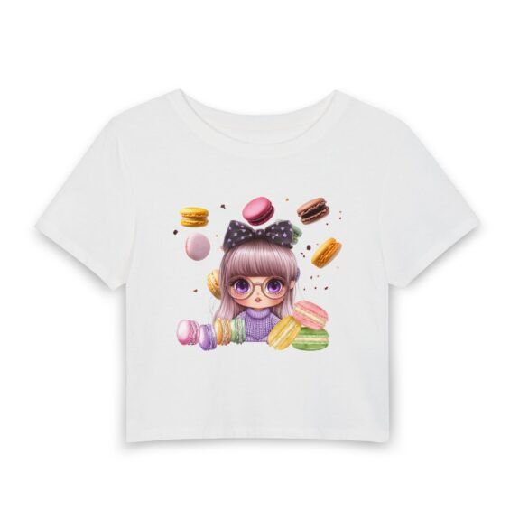 Kawaii Girl with Macarons Women's Baby Tee — Dessert Graphic Crop Top
