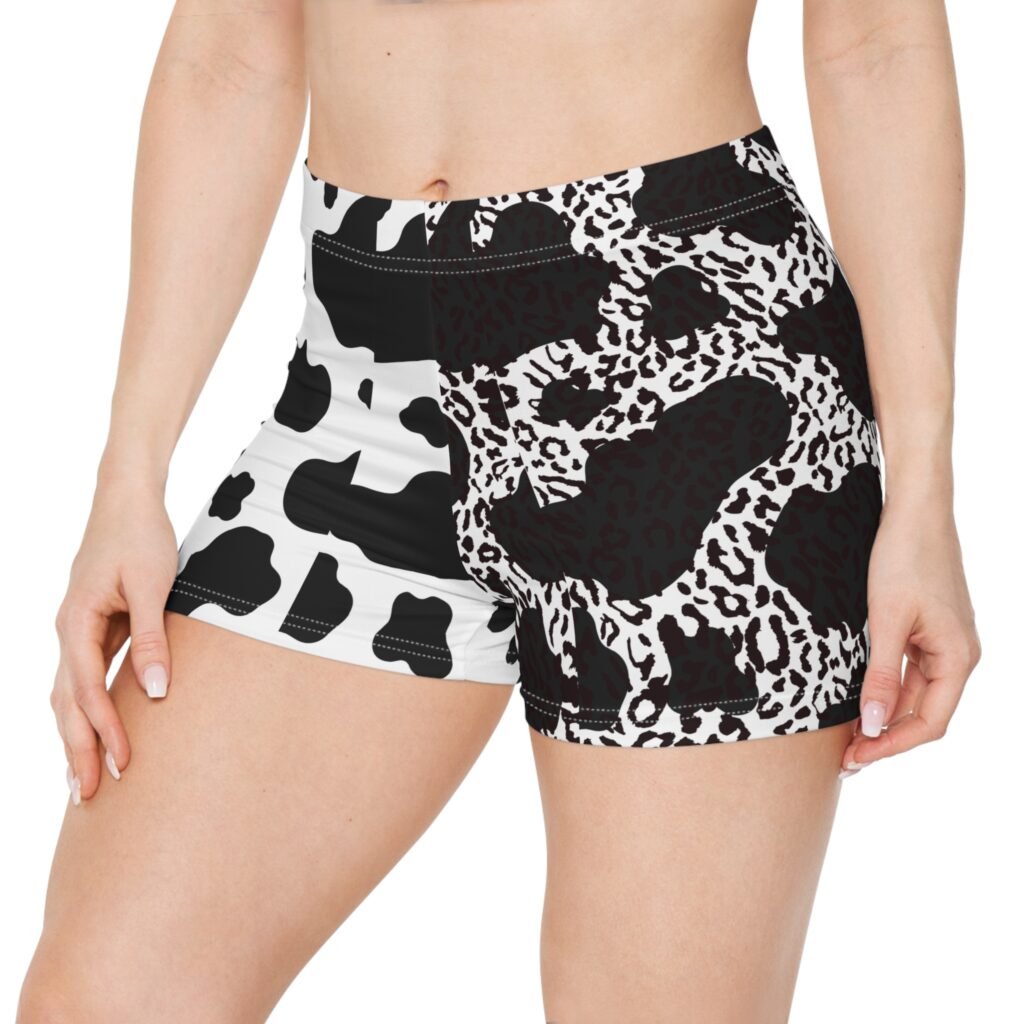 Cow Print Split-Panel Women's Shorts — Black & White Animal Pattern