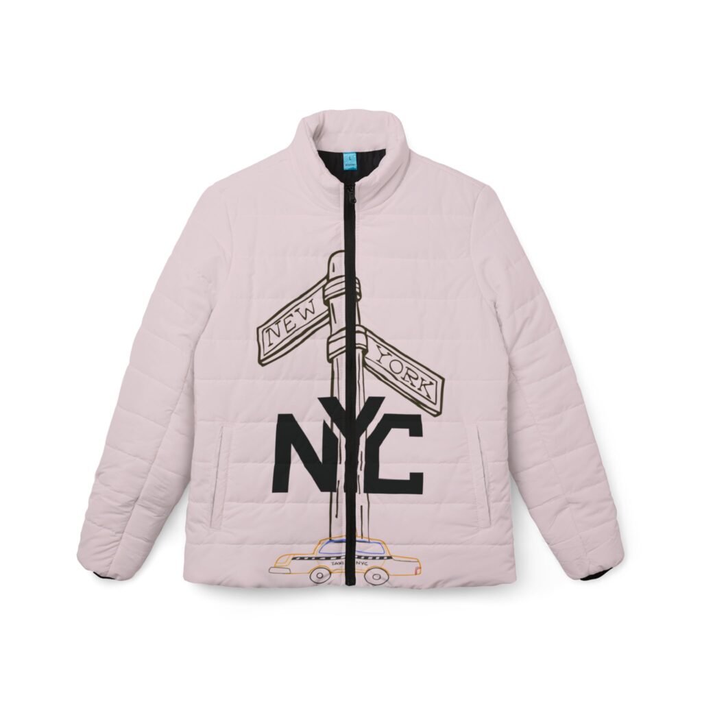 NYC Street Sign Puffer Jacket — Women's Pink New York Winter Coat