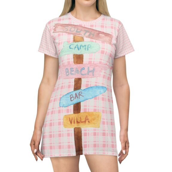 Pastel Beach Sign T-Shirt Dress – Pink Plaid Vacation Dress