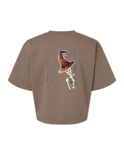 womens-boxy-french-terry-tee-brown-spooky-skeleton