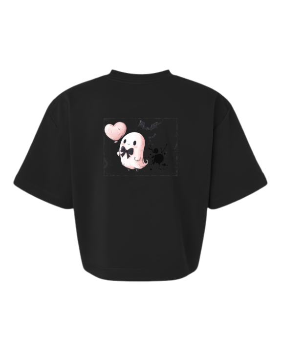 Women's Boxy French Terry Tee — Black — Spooky Heart