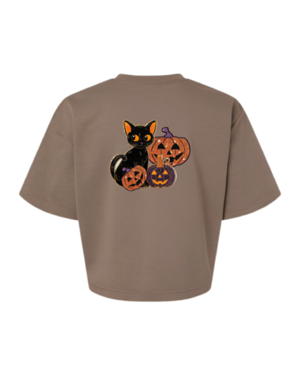 Women's Boxy French Terry Tee — Brown — Spooky Cat