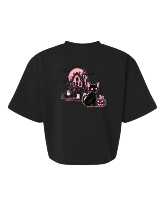 Women's Boxy French Terry Tee — Black — Spooky House