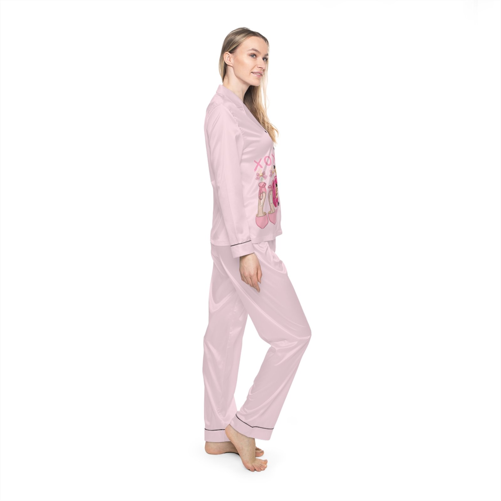 Pink Satin Pajama Set - 'XOXO' Bottle & Makeup Print Women’s Sleepwear - Image 5
