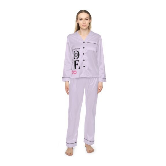 Lavender Satin Pajama Set — "Love" Graphic Sleepwear for Women