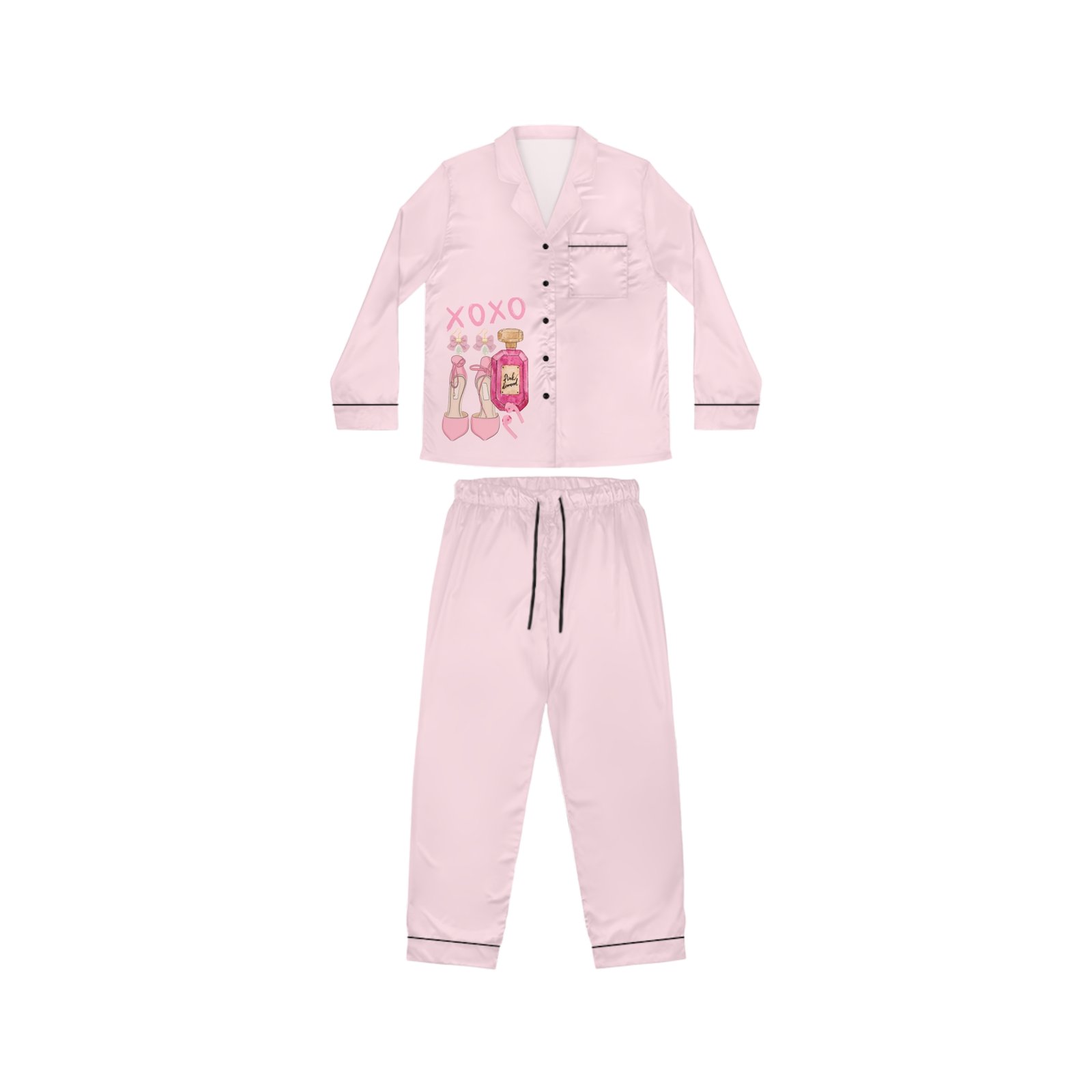 Pink Satin Pajama Set - 'XOXO' Bottle & Makeup Print Women’s Sleepwear - Image 2