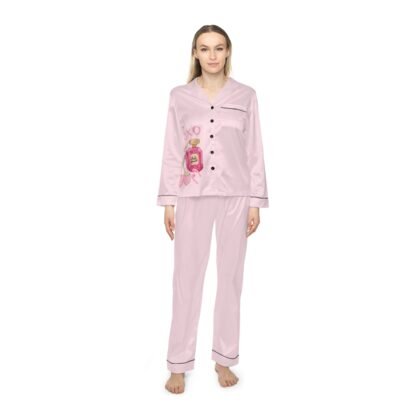 Pink Satin Pajama Set - 'XOXO' Bottle & Makeup Print Women’s Sleepwear