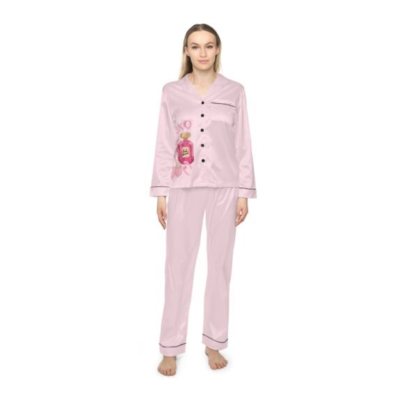 Pink Satin Pajama Set - 'XOXO' Bottle & Makeup Print Women’s Sleepwear